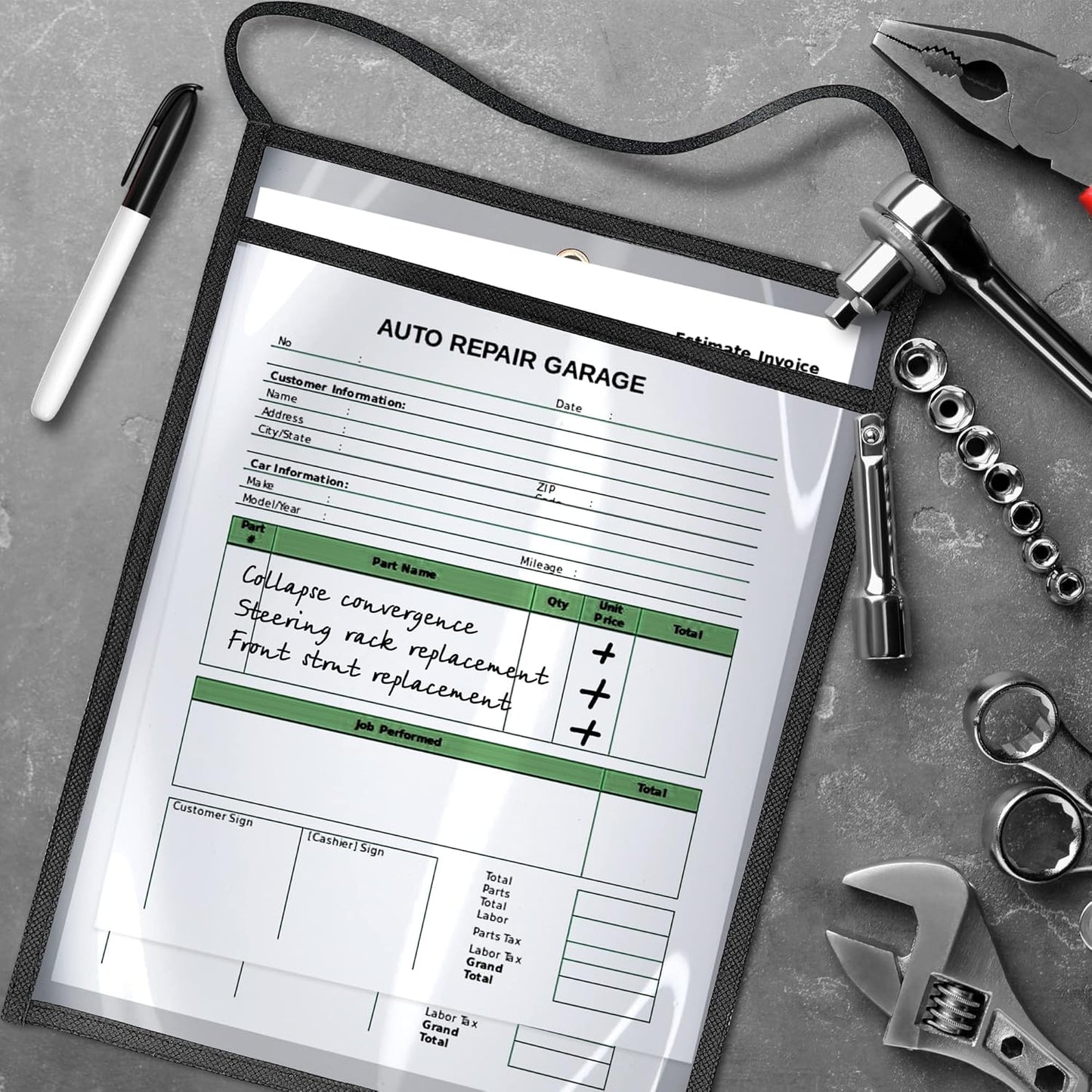 10 Pack Hanging Job Ticket Holders with Strap 9x12 in - Black Shop Ticket Holders with Hanging Strap - Heavy Duty Work Order Plastic Sleeves 9 x 12 in - Clear Plastic Sleeve - Hanger Dry Erase Pockets