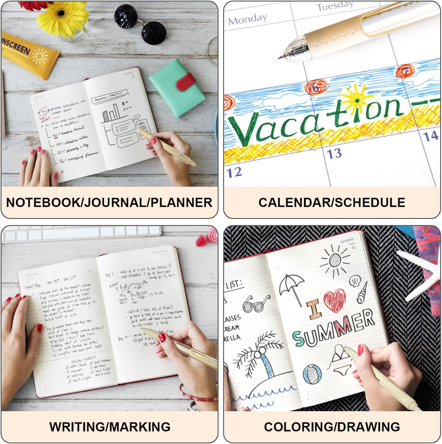 6 Count Pastel Gel Ink Pen Set,Cute Note Taking 0.5mm Fine Point Retractable 5 Count Black Ink Pens with 1 Count Highlighter for Writing, Journaling, School, Office (Off White)