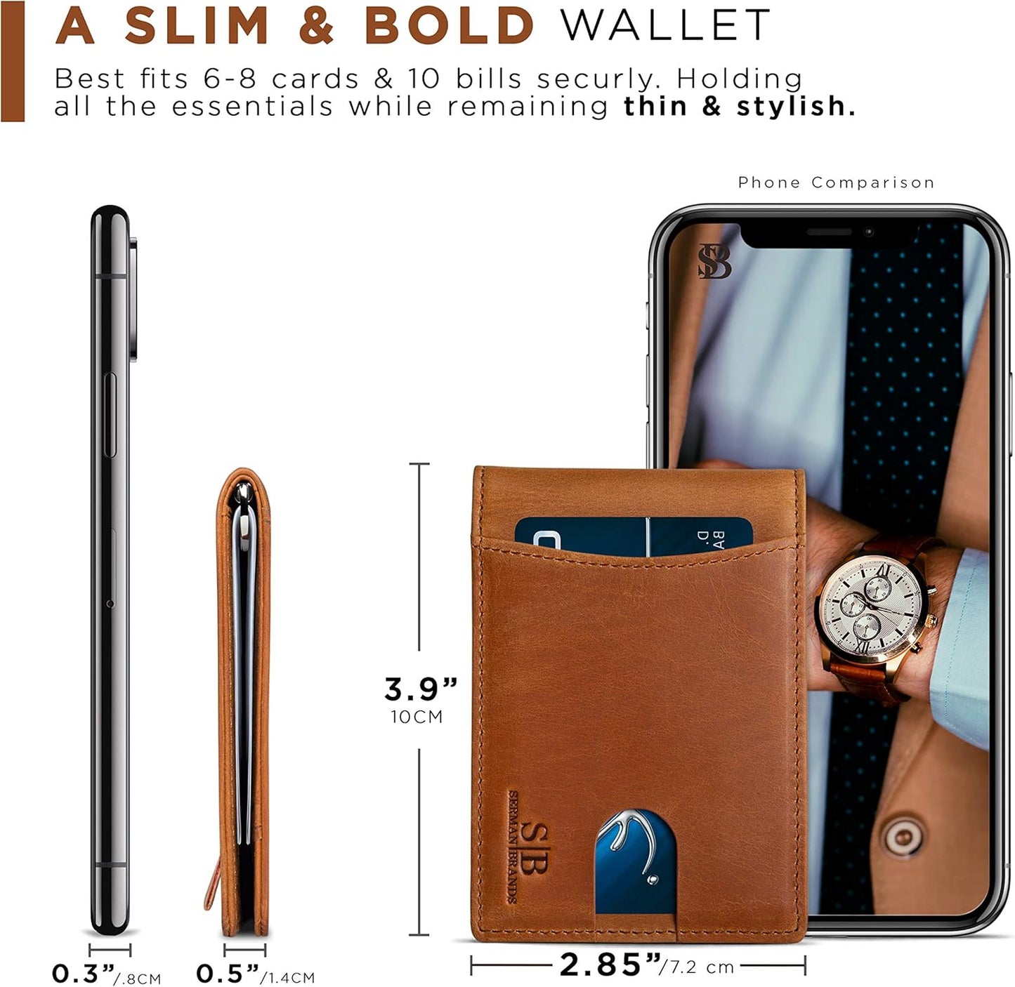 SERMAN BRANDS RFID Blocking Slim Bifold Genuine Leather Minimalist Front Pocket Wallets for Men with Money Clip Thin Mens