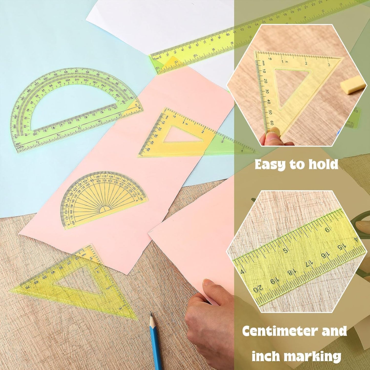 Zonon 1 Set Plastic Geometry Math Set Includes Drawing Compass, 6 Inch 4 Inch Protractor, 45/60 Degree Triangle Rulers 12 Inch 6 Inch Math Ruler Transparent for Office Supplies(Yellow)