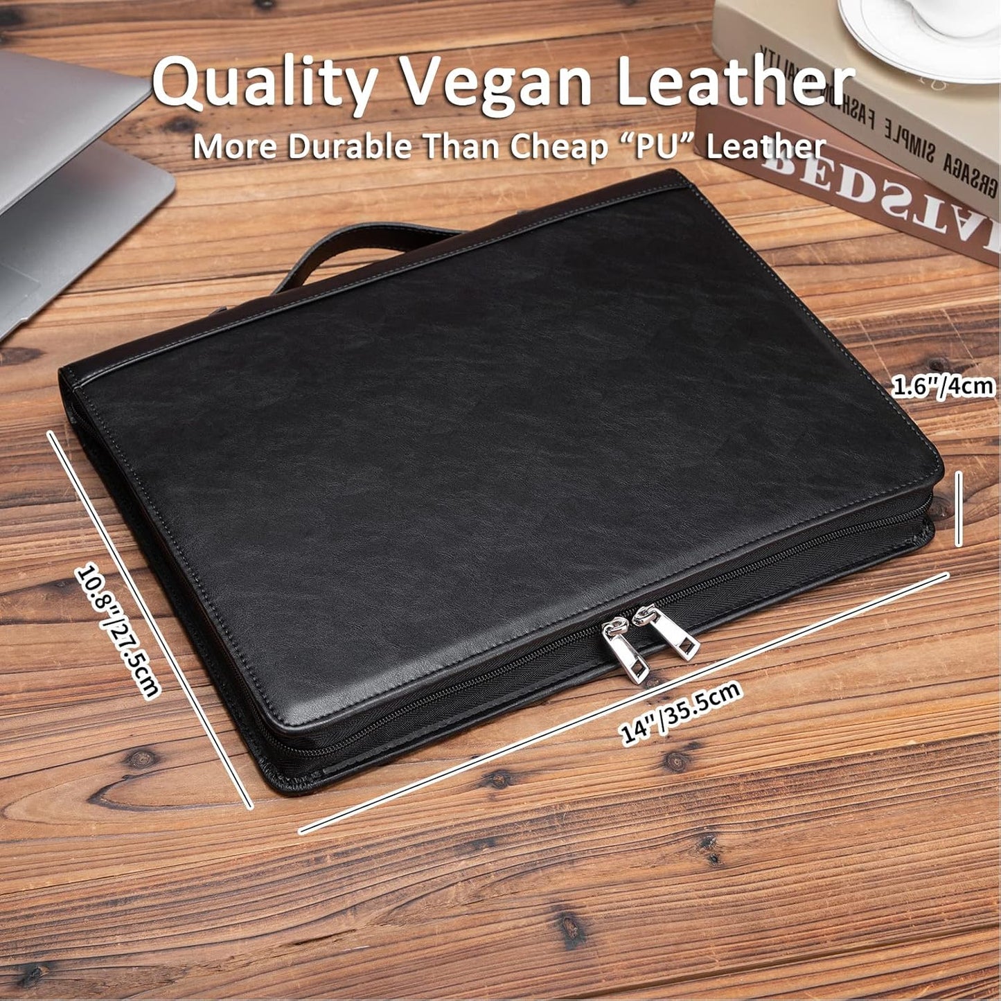 Personalized Vegan Leather Portfolio 3 Ring Binder with Clipboard, Hidden Handle, Custom 8.5 x 11 Zip Padfolio, Business Professional Organizer for Men Women, Black