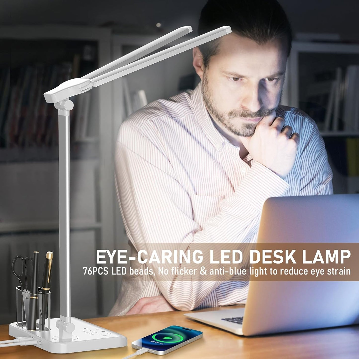 LED Desk Lamp Dimmable Table Lamp with USB Charging Port, 50 Lighting Modes, Adjustable Foldable Dual Swing Arm Architect Desk Lamp for Home Office, Eye-Caring Reading Lamp w/ Pen Holder 45min Timer