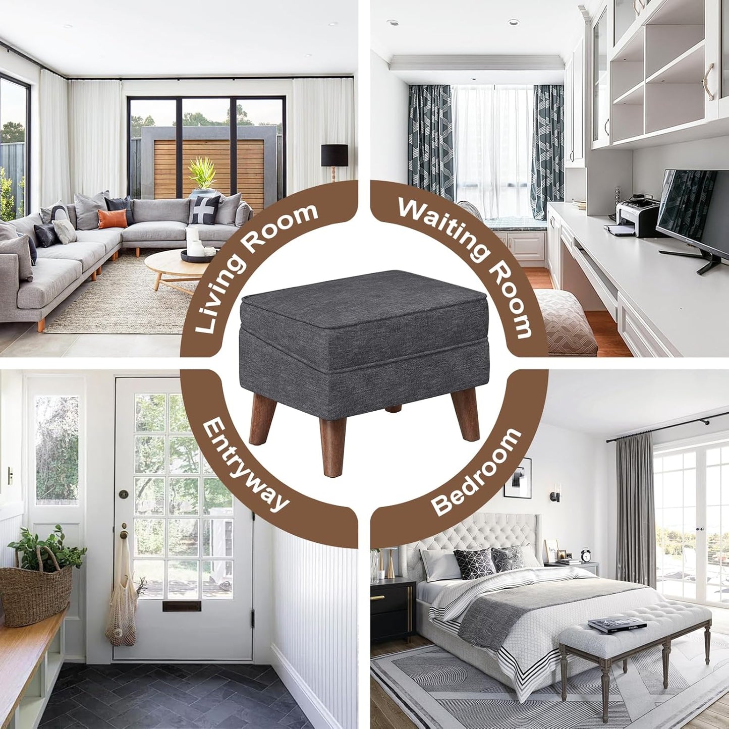 Small Footstool Ottoman with Storage, Ottoman Foot Rest, Modern Foot Stool with Adjustable Lid and Sturdy Wood Legs for Living Room, Bedroom, Couch, Enterway, Light Gray