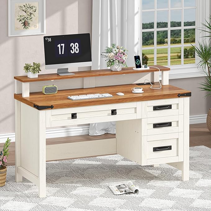 Farmhouse Executive Desk with Drawers, 47" Computer Desk with Power Outlets, Home Office Desk with Monitor Stand & 4 Drawers, Small Desk Writing Study Table, Antique White