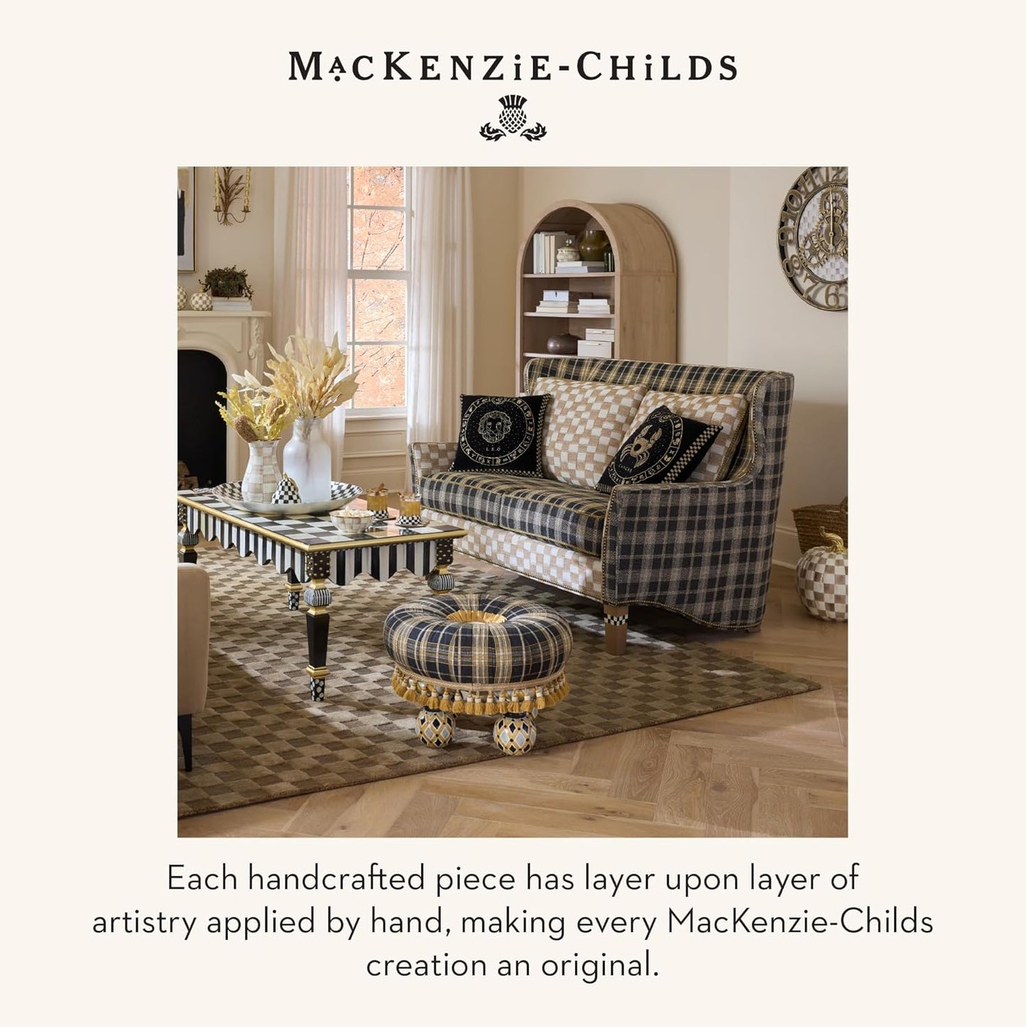 MACKENZIE-CHILDS Desk Clock, Retro Analog Clock for Room Decor, Brown-and-White Mocha Check