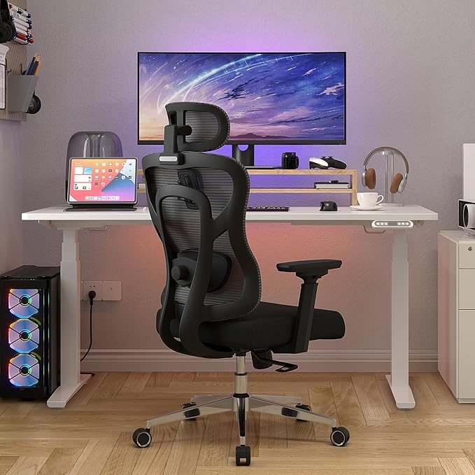 Ergonomic Mesh Office Chair, High Back Desk Chair with Adjustable Headrest, 3D Armrests, Adaptive Thoracic Support & 3D Lumbar Support, Home Swivel Computer Chair with Tilt Function