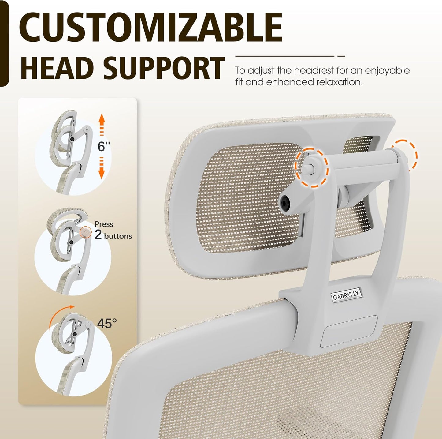 GABRYLLY Ergonomic Office Chair, High Back Home Desk Chair with Headrest, Flip-Up Arms, 90-120° Tilt Lock and Wide Cushion, 400LBS Mesh Chairs for Man Woman, White Task Chair(Beige,GY01WBG)