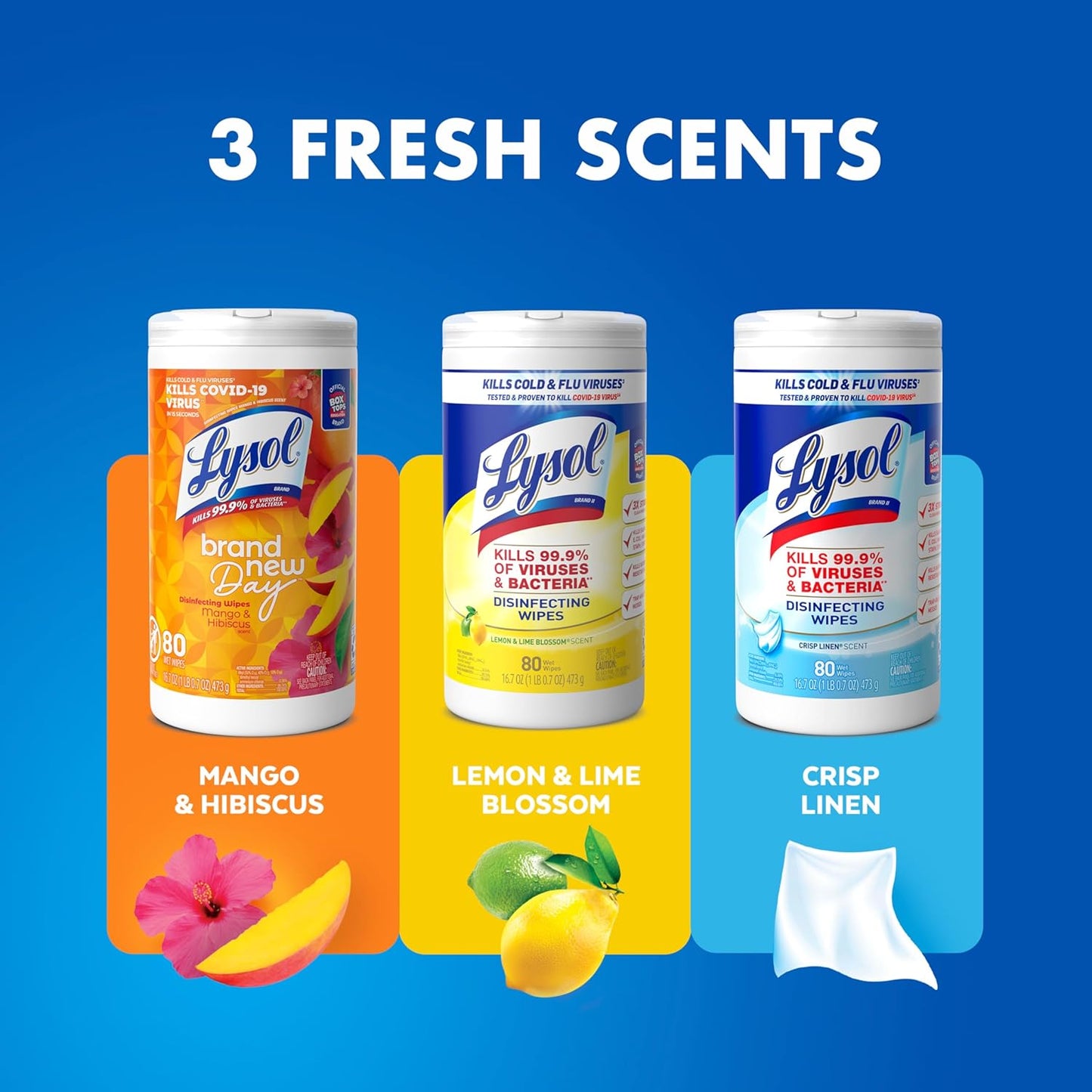 Lysol Disinfectant Wipes Bundle, Multi-Surface Cleaning Wipes, For Disinfecting & Cleaning, contains Lemon & Lime Blossom, Crisp Linen, & Mango & Hibiscus, 3x80 ct, (240 ct Total)
