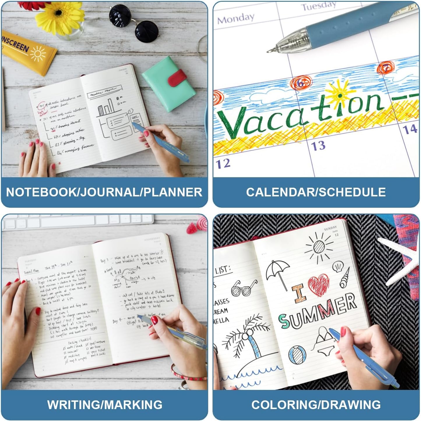 6 Count Pastel Gel Ink Pen Set,Cute Note Taking 0.5mm Fine Point Retractable 5 Count Black Ink Pens with 1 Count Highlighter for Writing, Journaling, School, Office (Blue)