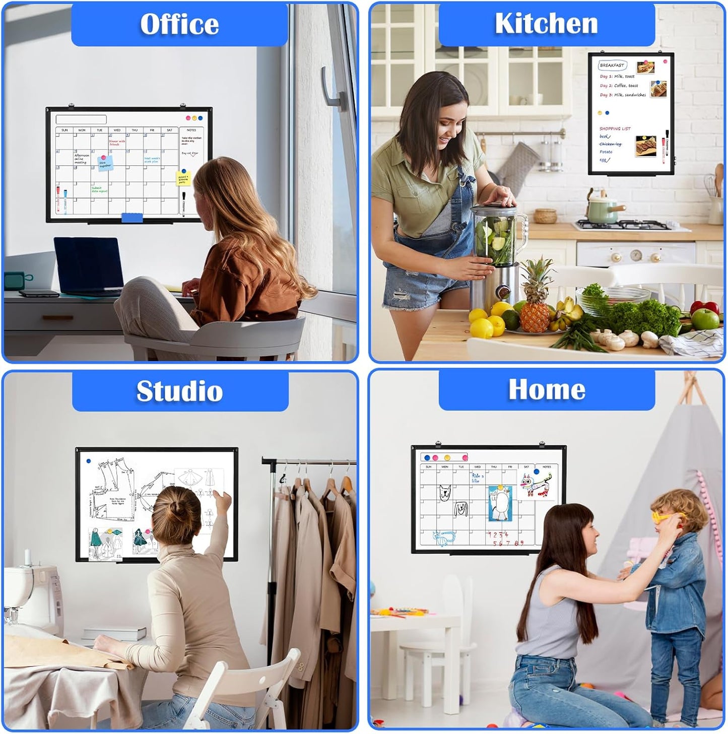 Monthly Calendar Dry Erase Whiteboard, 36" x 24" Magnetic Calendar White Board, Double-Sided Portable Board with Black Aluminium Frame for Office, Kitchen, School, Home