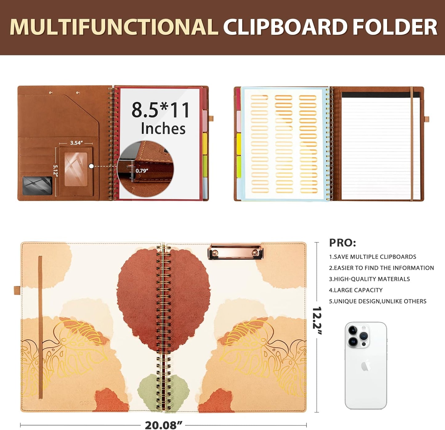 Clipboard with Storage for Men Women, Leather Padfolio Portfolio Organizer 5 Folders with 10 Pockets, Spiral Clipboard Folio with Notepad for Letter Size, Elastic Closure and Pen Loop Brown
