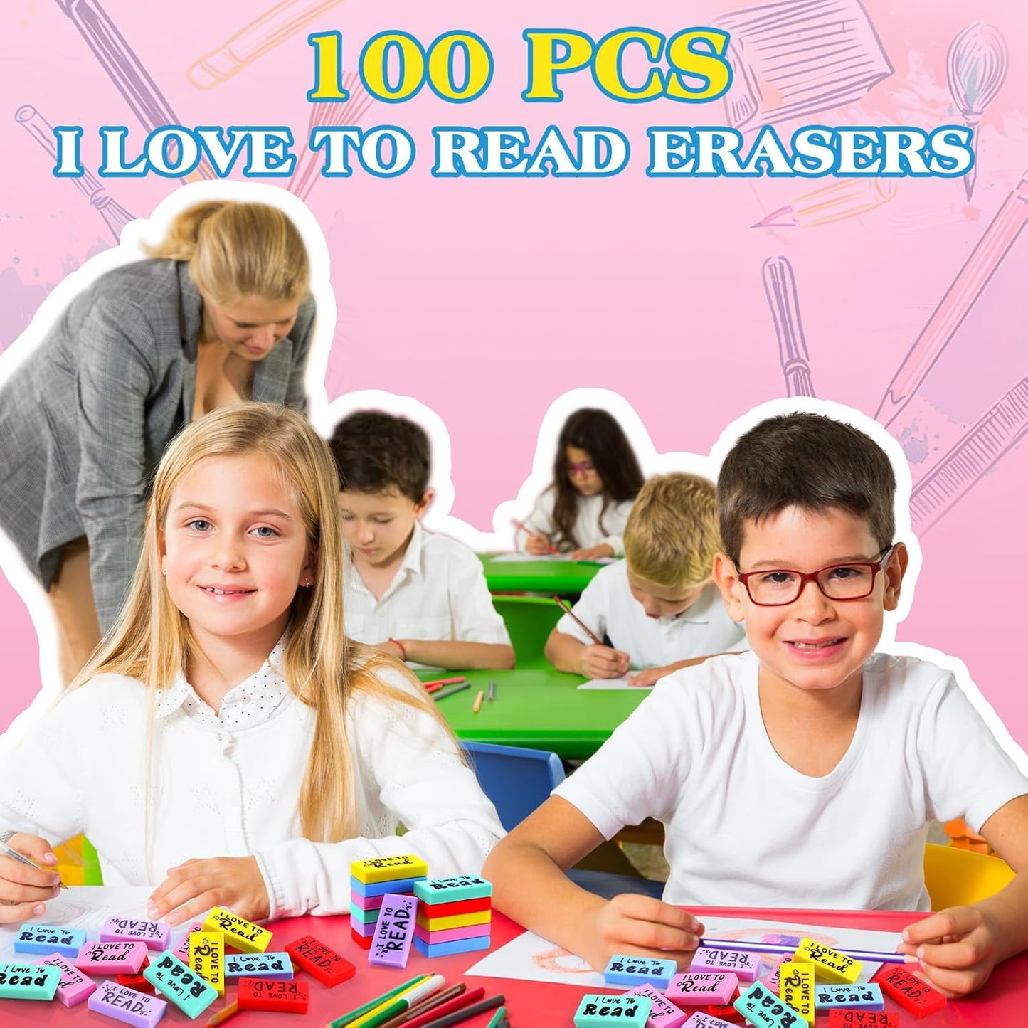 100 Pcs Inspirational Erasers for Kids Back to School Gifts I Love to Read Small Colorful Pencil Erasers for Students Classroom Cute Motivational Gift for Drawing School Office Supplies