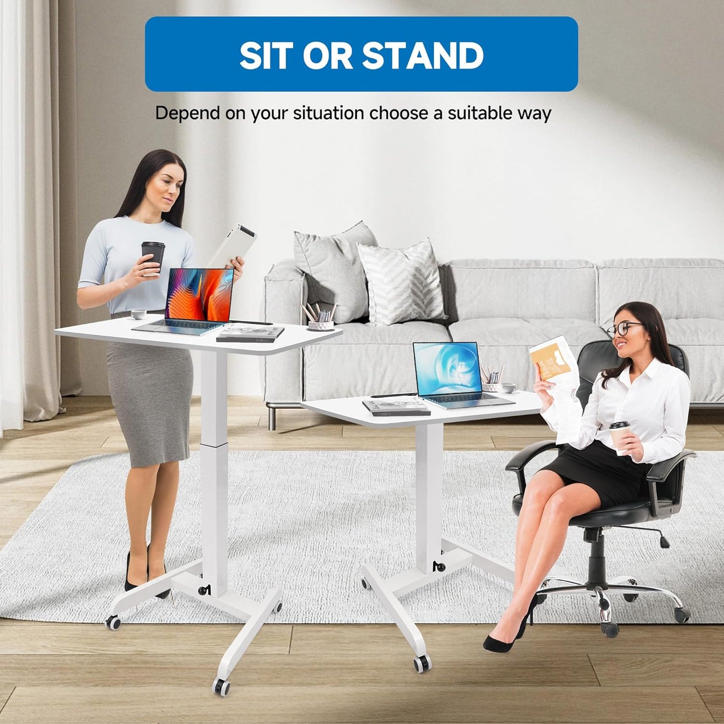 Rolling Laptop Desk Adjustable Height(29.5”- 43.7”),Mobile Workstation Cart with 31.5" x 22.1"Desktop, Standing Desk Mobile Portable PC Table for Home,Office or Classroom in White