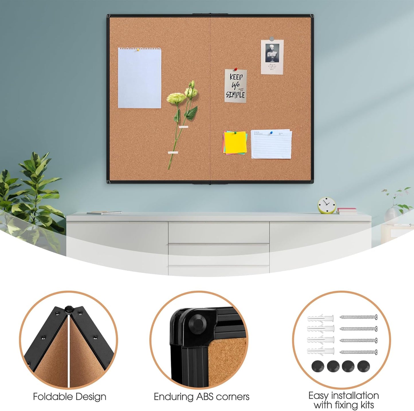 Board2by Extra Large Cork Bulletin Board 48" X 48", Foldable Notice Pin Board for Wall, Black Aluminum Framed 4'x4' Corkboard, Wall Mounted Noticeboard with 36 Push Pins for School, Home & Office