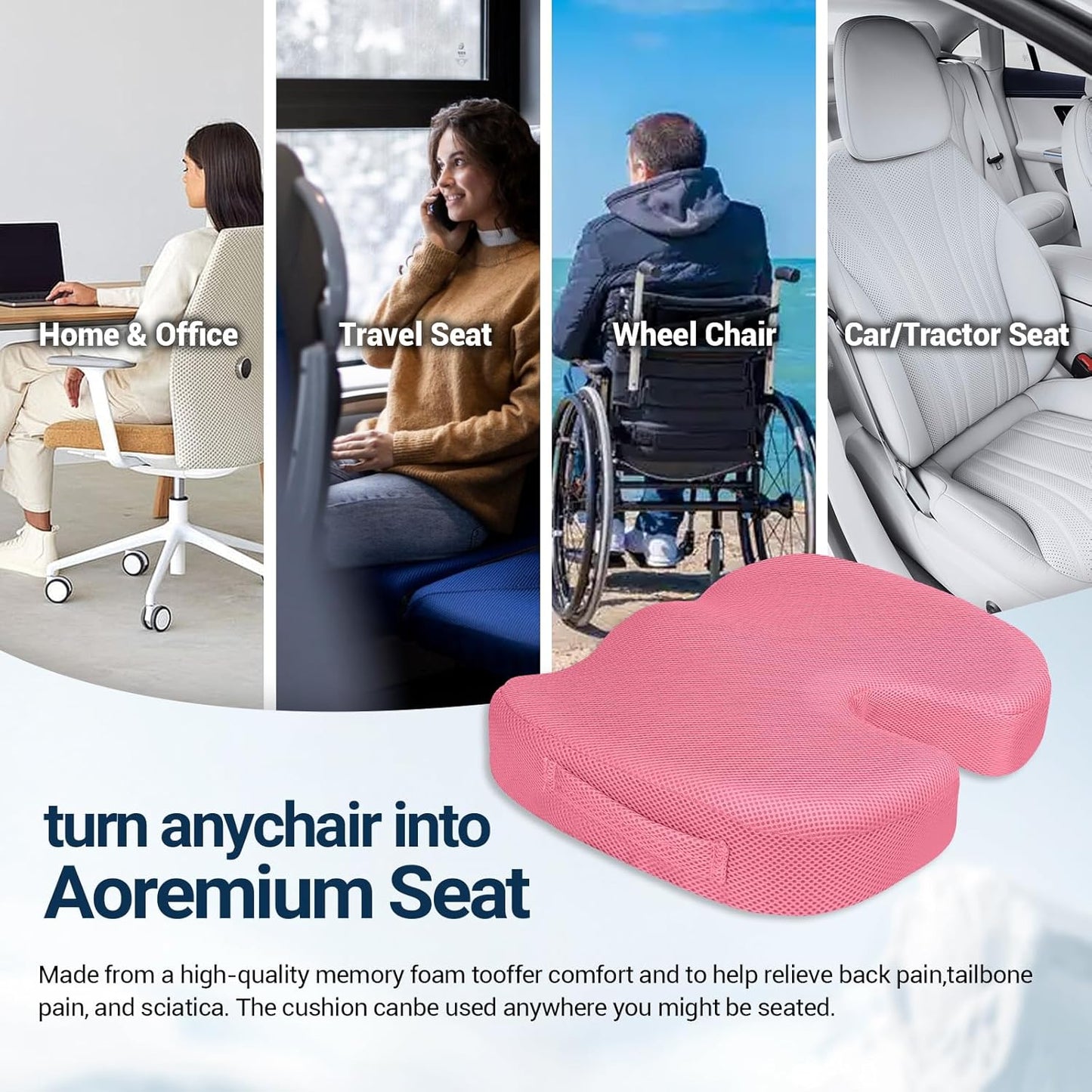 Gel Seat Cushion for Car Office - Memory Foam Pain Relief Chair Pillow Cushions - Tailbone Sciatica Coccyx Butt Lumbar Support Pad for Sitting Driving Traveling, Mesh, Pink