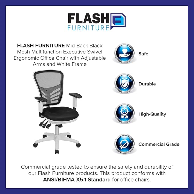 Flash Furniture Nicholas Mid-Back Swivel Office and Gaming Chair, Ergonomic Mesh Office Chair with Adjustable Lumbar Support and Height, Black/White