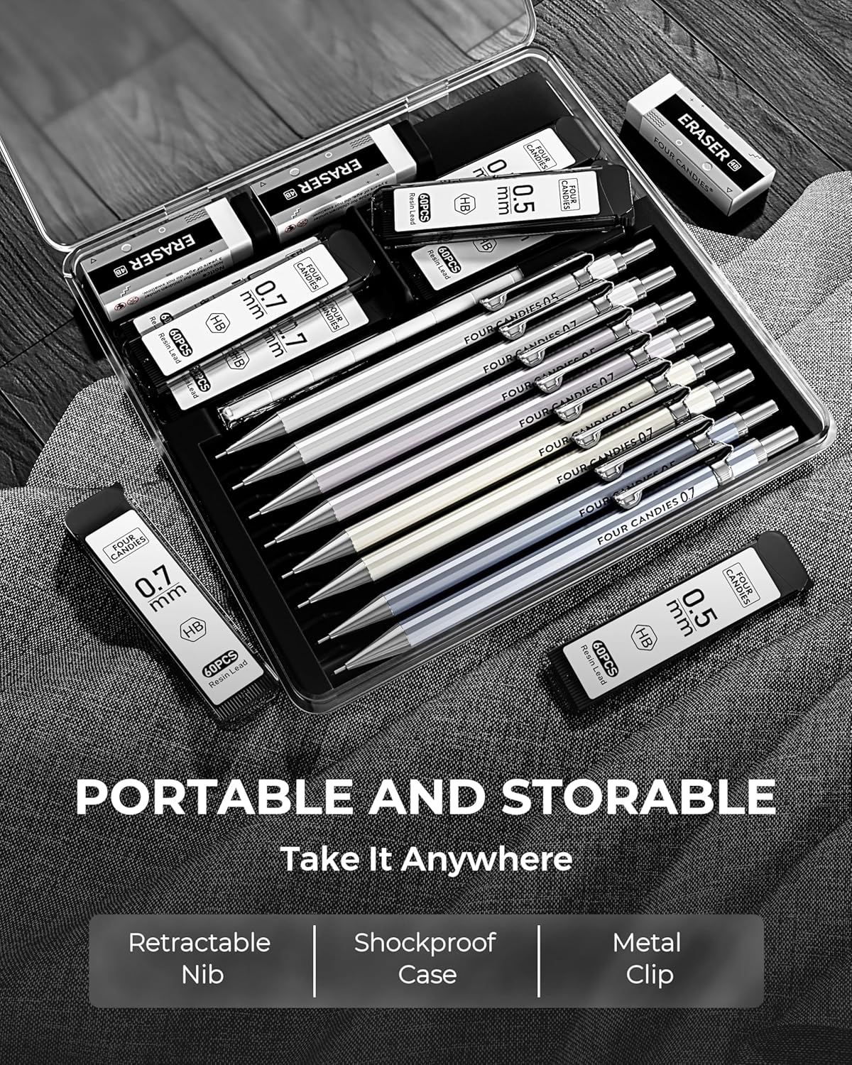 Four Candies 8PCS Metal Mechanical Pencils - 0.5 & 0.7mm with 8 Tubes HB #2 Lead Refills, Eraser Set and Eraser Refills, 20-Count Pack with Case, Lead Pencils Mechanical for Writing, Drawing, Drafting