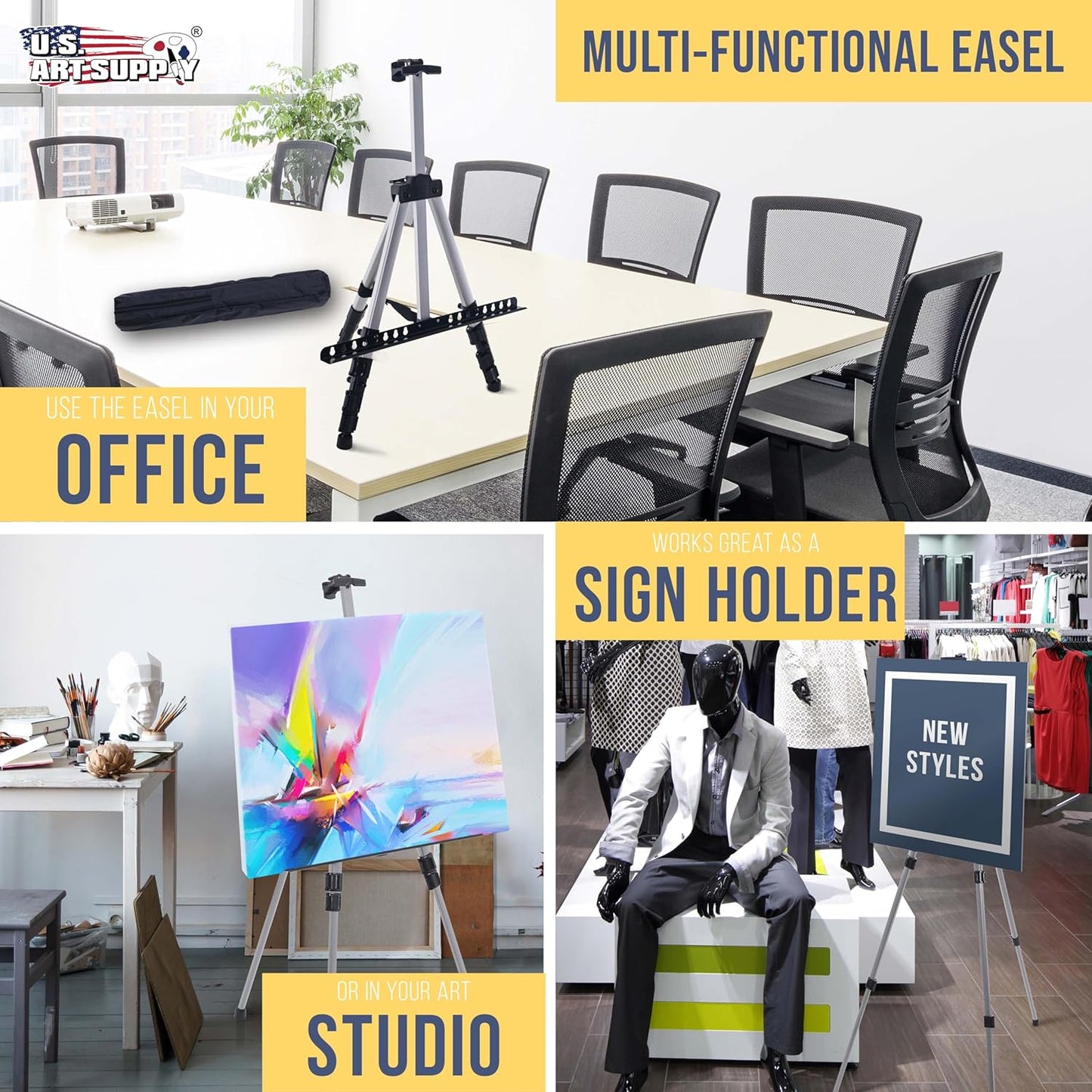 U.S. Art Supply 66" Silver Metal Tripod Easel Display (2 Pack) - Adjustable 18"- 5.5', Holds 36" Canvas - Floor/Tabletop Easel Stand, for Sign Display, Painting, Poster Board, Canvas - Portable Bag