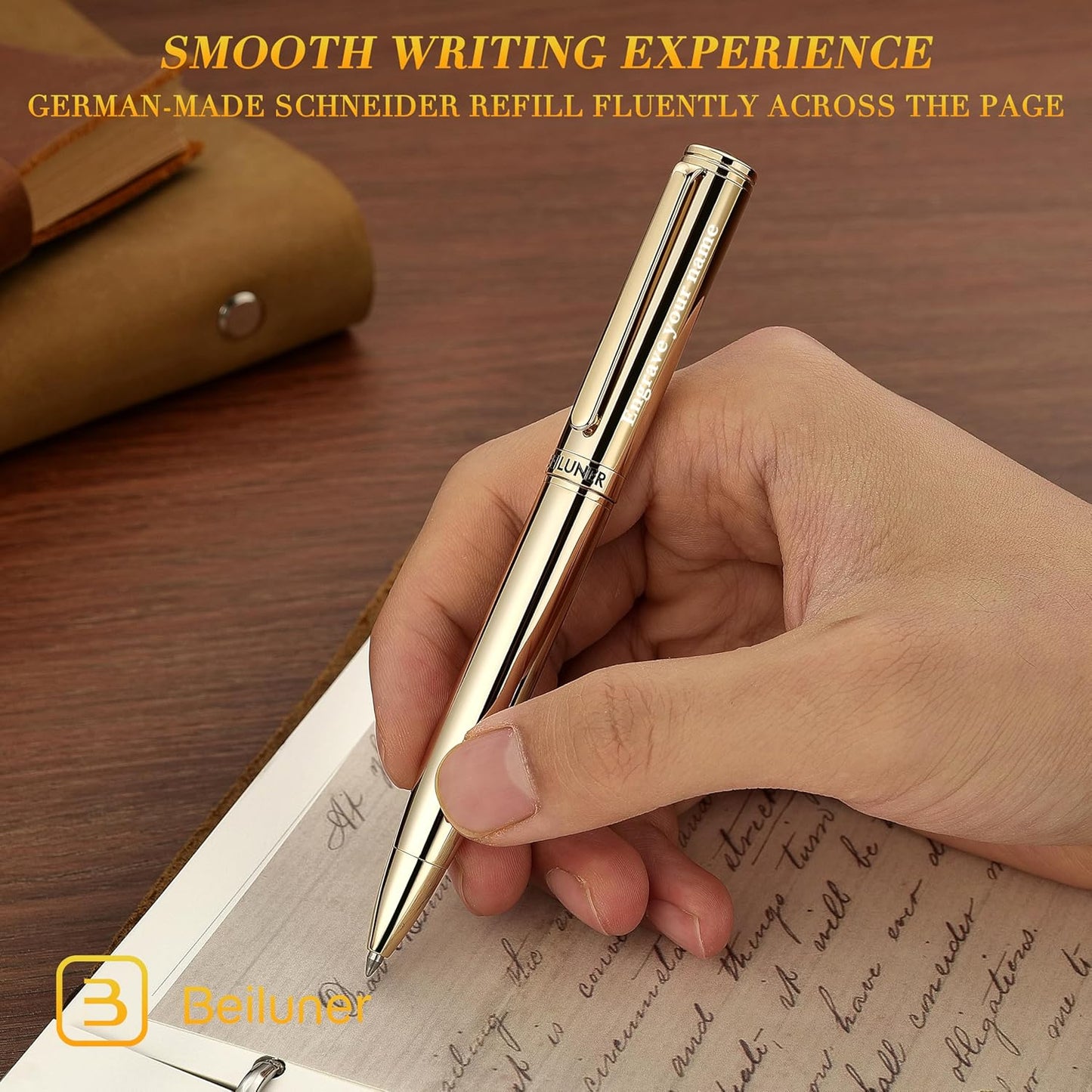 BEILUNER Personalized Gold Gel Pen, Stunning Luxury Pens with 24K Gold Finish, Black Ink Refill, Executive Gift Set for Family & Friends,Writing,Fancy,Office,Retractable, Graduation,Nice Designer Pens