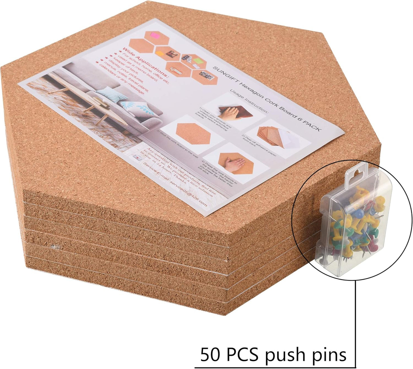 SUNGIFT Hexagon Cork Board Tiles Self Adhesive 6 Pack - 1/2" Thick Corkboards for Wall 12" x 10.2" Memo Boards Pin Board Decorative Bulletin Board for Office Home Kitchen - 50 Multi-Color Push Pins