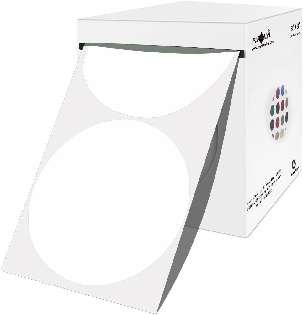 PARLAIM 3 Inch Round Color-Code Dot Stickers, 500 3" X 3" White Color Coding Circle Labels per Roll Dispenser Box for Inventory Management