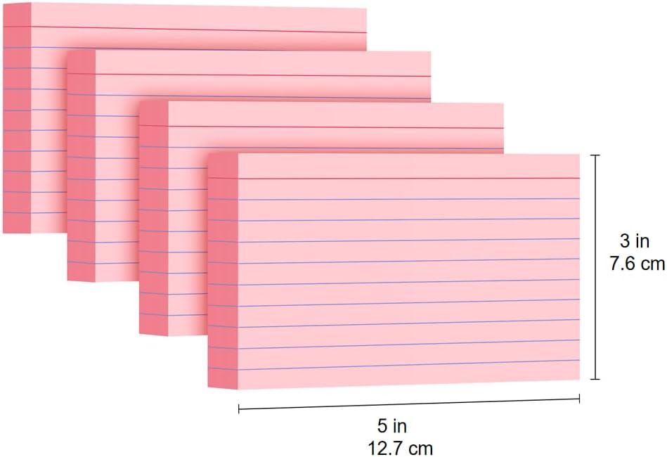Pink Index Cards 3x5, 200 Pack, Ruled Index Cards, Flash Cards for Studying, Heavy Note Cards for Office, Home and School, 4 Packs of 50