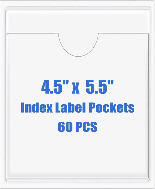 Origin-Joy 60 PCS Self Adhesive Index Card Pockets with Top Open, Clear Plastic Label Holder for Cards of Note, Library and Business, Adhesive Label Pockets & Card Holder (4.5 x 5.5 inch)
