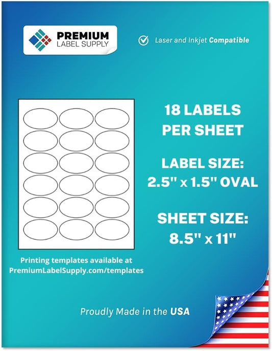 Premium Label Supply White Sticker Oval Labels – 2.5" x 1.5" Oval – Laser/Inkjet Compatible – (18 per Sheet), 100 Sheets – 1,800 Total Adhesive Labels
