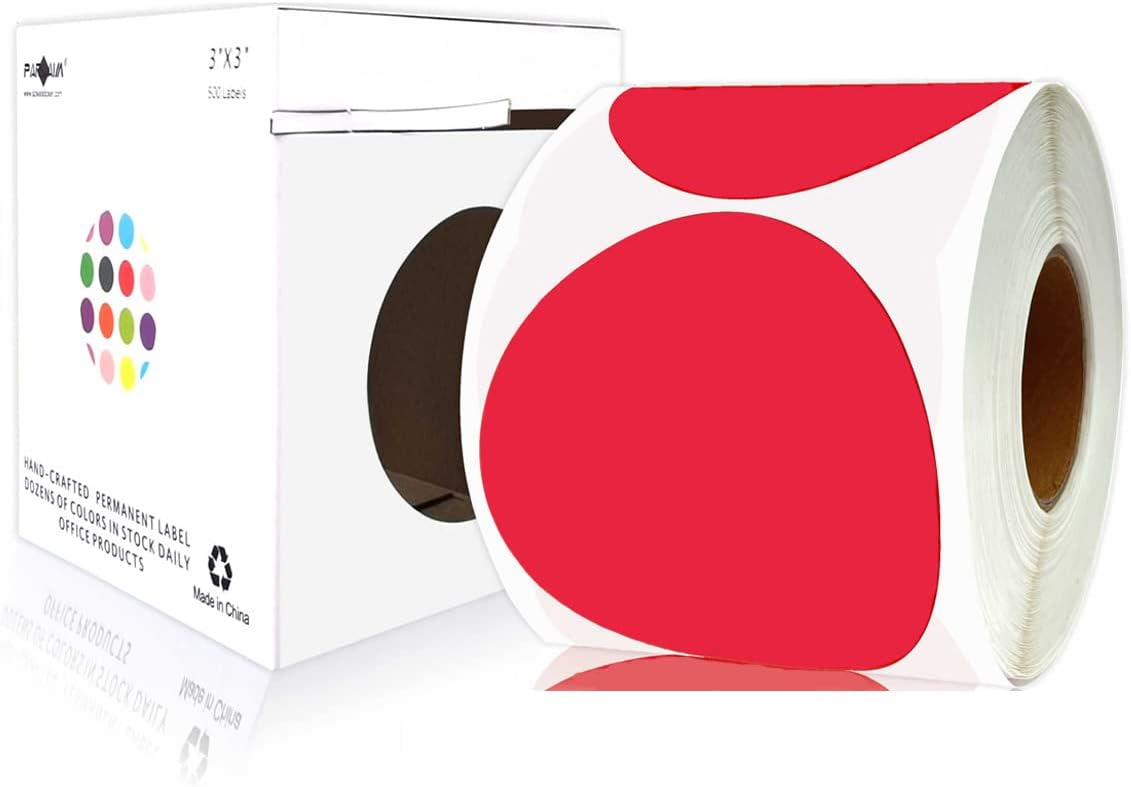PARLAIM 3 Inch Round Color-Code Dot Stickers, 500 Color Coding Circle Labels per Roll Dispenser Box for Inventory, Red