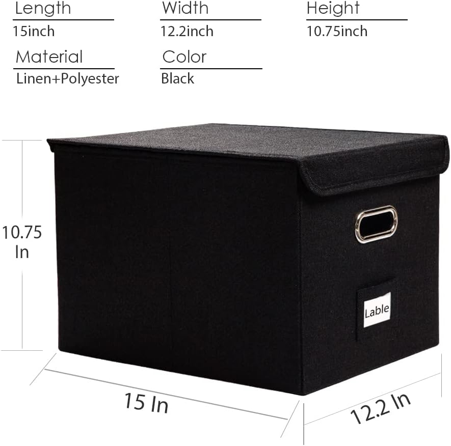 PRANDOM File Organizer Box - Set of 4 Collapsible Decorative Linen Filing Storage Hanging File Folders with Lids Office Cabinet Letter Size Black (15x12.2x10.75 inch)