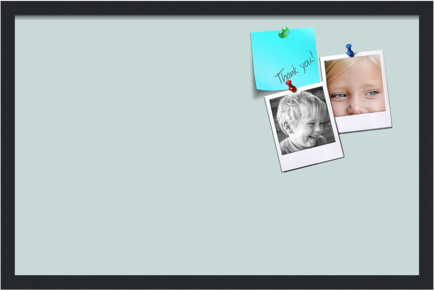 PinPix 28x18 Inch Cork Bulletin Board. This Decorative Framed Pin Board Comes with Soft Blue Design and a Satin Black Frame. Ideal for Home Office Decor or Message Board (PinPix-1814)