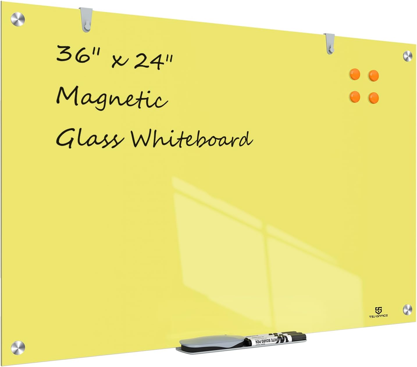 TSJ OFFICE Glass Dry-Erase Board - 36 x 24 Inches Wall Mounted Magnetic Whiteboard, Large Frameless Glass White Board for Office, Home & School, Yellow