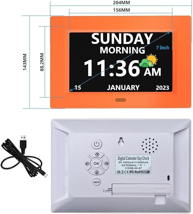7 Inch Digital Clock with Day and Date for Elderly Alzheimer's Clock Customizable Alarms 3 Display Modes Large Font Alarm Clock for Seniors Auto DST Orange