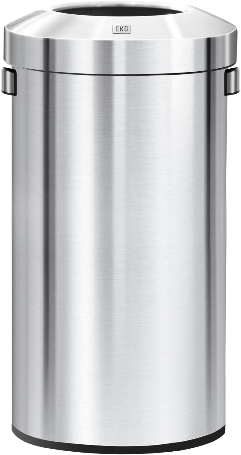 EKO 32-Gallon Round Stainless Steel Open Top Trash Can, Large Commercial Waste Bin with Detachable Lid and Carrying Handle, Brushed Metal Garbage Bin for Home, Office, Restaurant, Restroom