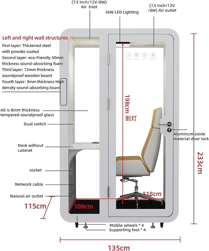 GEARONIC Mobile Office Pod Booth, Sound Proof Booth for Home, Mobile Roller with Desk, LED Light, Fans and AC USB Ports (White)