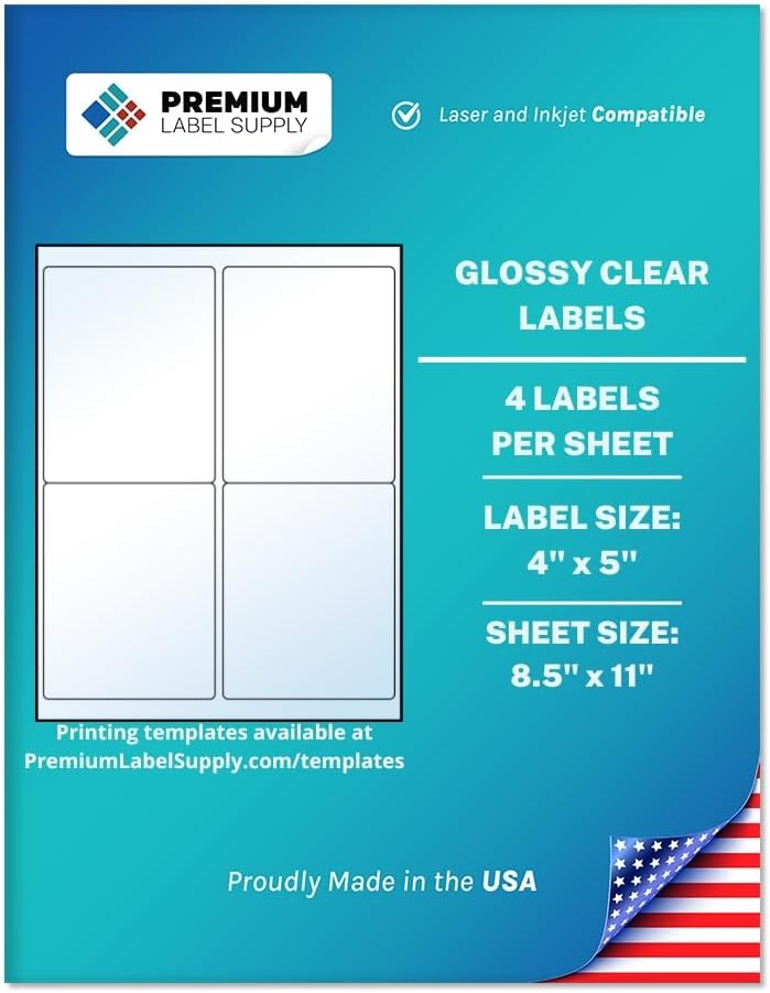 Premium Label Supply Glossy Clear Labels – 4" x 5" – Laser/Inkjet Compatible – (4 per Sheet), 1000 Sheets – 4,000 Total Adhesive Labels