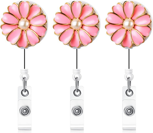 Retractable Badge Holder, ID Badge Reel with Pearl, 3 Pack (Pink)