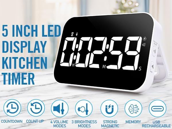 Kitchen Timer （1.5" Number） Large Digital Magnetic Timer, Rechargeabilit, Countdown and Countup, 3 Brightness Display, 3 Volume Levels and Vibration Mode, for Cook, Kids Adults Study Teaching