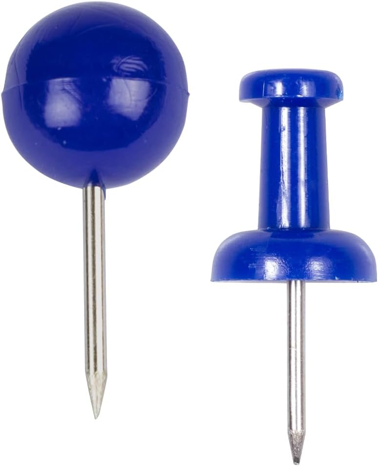 JAM PAPER Colorful Push Pins - Flat & Round Head Thumb Tack Combo Set - Blue Pushpins - 200/Pack