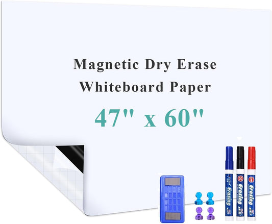 Magnetic Dry Erase Whiteboard Sticker, 47" x 60" Stick on Whiteboard for Wall, Dry Erase Board Peel and Stick for Kids, Office, Home, with Marker, Eraser and Magnets (Adhesive Backing)