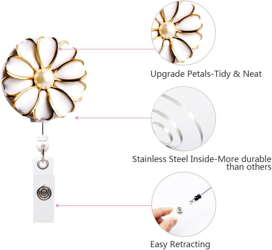 Retractable Badge Holder, ID Badge Reel with Pearl, 3 Pack (White)