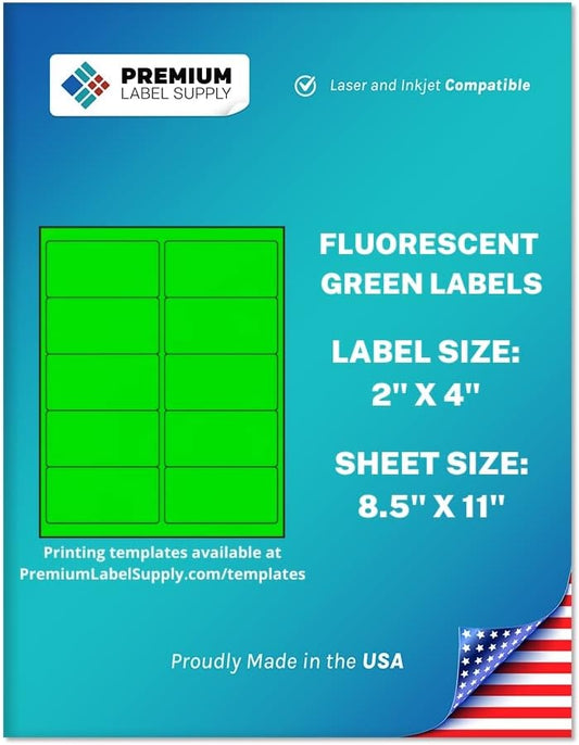 Premium Label Supply Bright Neon Color Fluorescent Stickers - 2" x 4" Labels - (Green Fluorescent, 250 Labels)