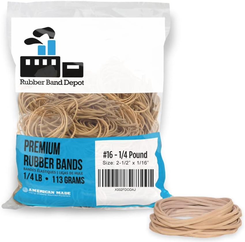 Rubber Band Depot, Size #16, Everyday Rubber Bands - Rubber Band Measurements: 2-1/2" x 1/16'' - Approximately 475 Rubber Bands Per Bag - 1/4 Pound Bag