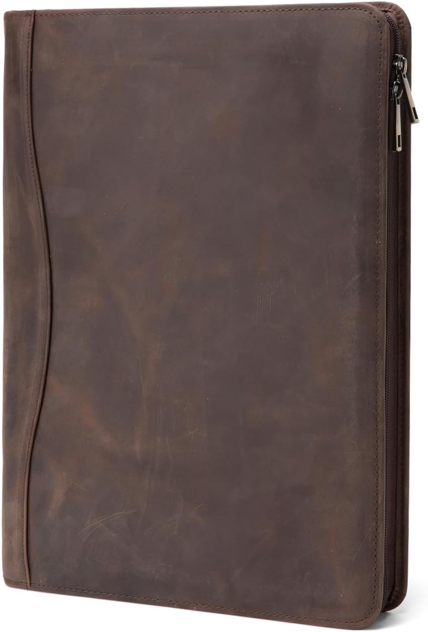 Genuine Leather Portfolio, Legal Size 8.5 x 14 Pad Holder, Business Padfolio for Men and Women, Zippered Laptop Organizer, Executive Professional Work Travel Notepad Folio, Dark Khaki