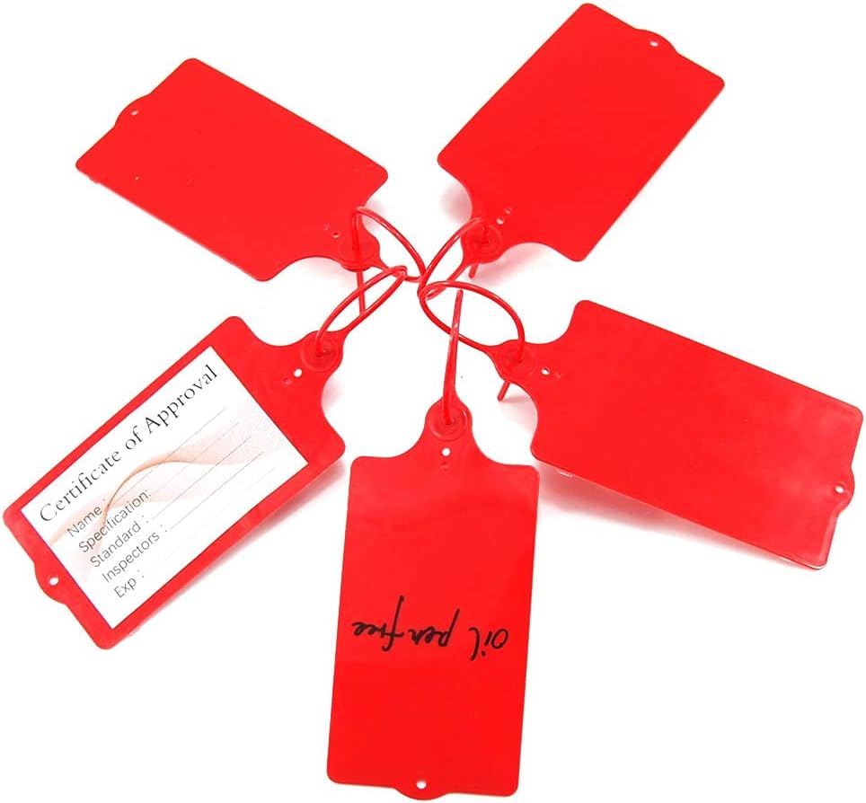 100 Plastic Tags Shipping Tags Water Proof Tags for Labeling Shipping Labels Security Seals Writable Marker Ties Hanging Tags Storage Tag with One Marker Pen (Red)