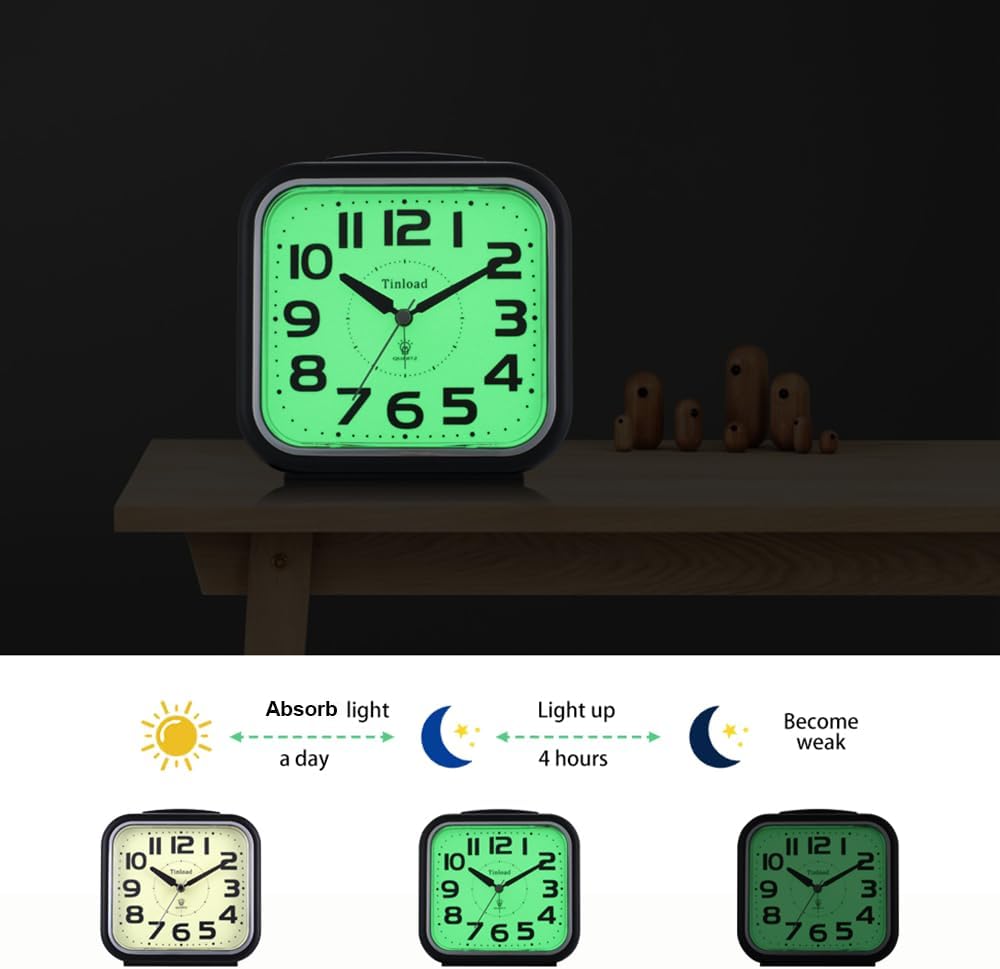 5.5" Large Analog Alarm Clock Silent Non Ticking, Glow in Dark dial, Gentle Wake, Beep Sounds, Increasing Volume, Battery Operated Snooze and Manual Light, Easy Set (Best for Elder)