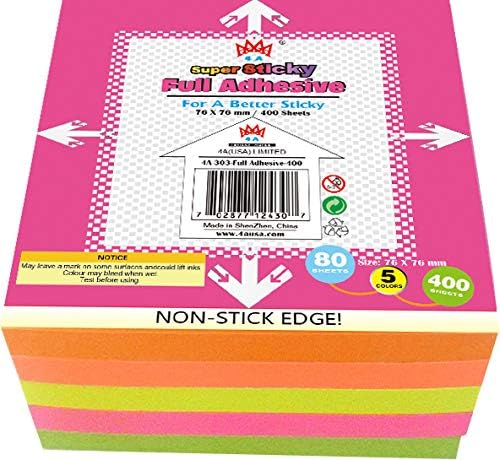 Sticky Full Adhesive Notes,3 1/3 x 3 Inches,80 Sheets/Color,Self-Stick Notes,5 Colors/Pack,400 Sheets Total,4A 303-Full Adhesive-400