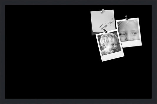 PinPix 28x18 Inch Cork Bulletin Board. This Decorative Framed Pin Board Comes with Solid Black Design and a Satin Black Frame. Ideal for Home Office Decor or Message Board (PinPix-622)