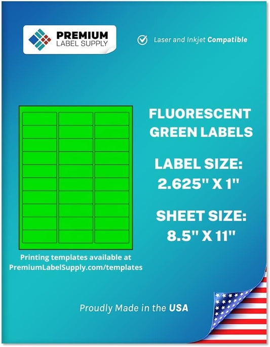 Premium Label Supply Bright Neon Color Fluorescent Stickers - 2.625" x 1" Address Labels - (Fluorescent Green, 750 Labels)