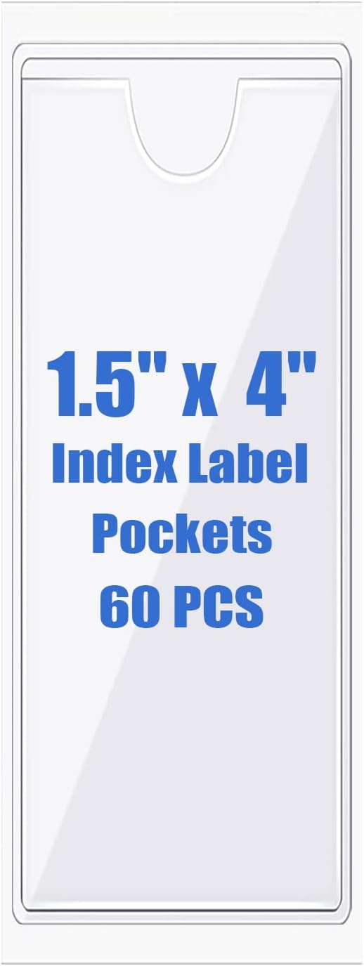 Origin-Joy 60 PCS Self Adhesive Index Card Pockets with Top Open, Clear Plastic Label Holder for Cards of Note, Library and Business, Adhesive Label Pockets & Card Holder (1.5 x 4 inch)